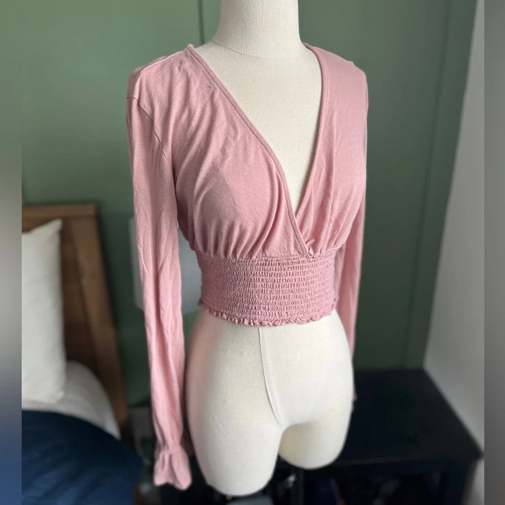 Urban Outfitters Pink Long Sleeve Cross Front Crop Top